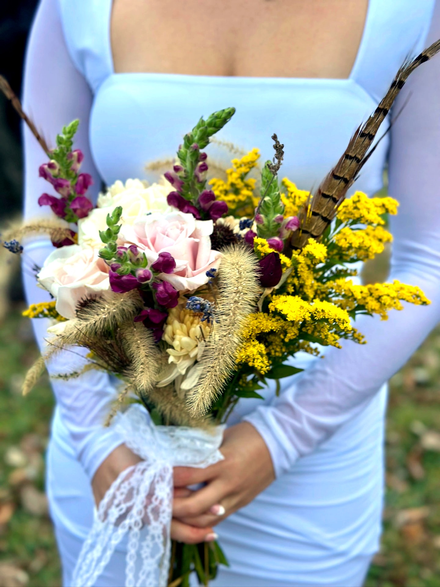Lace & Lavender Bouquet — Hand-tied with ribbon and dried wheat
