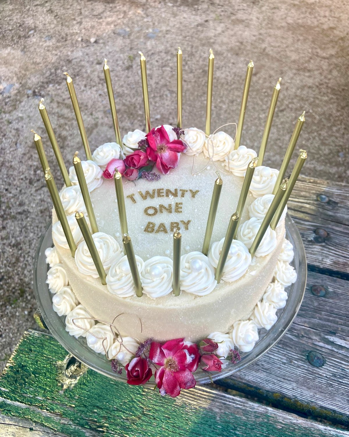 Twenty One Baby — Gold candles, pink roses, and gold butterflies
